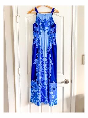 Maggy London Tropical Maxi Dress Blue Floral Column Dress Size 2 Vacation
